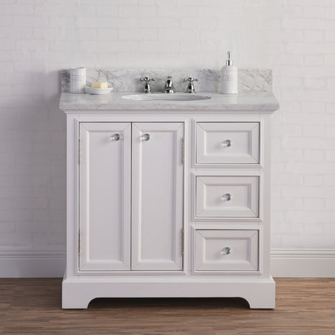 Image of Water Creation (with faucet) 36 Inch Wide Pure White Single Sink Carrara Marble Bathroom Vanity With Faucets From The Derby Collection DE36CW01PW-000BX0901