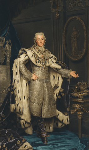 Coronation portrait of Gustav III by Alexander Roslin, c. 1777, history of men's jewelry