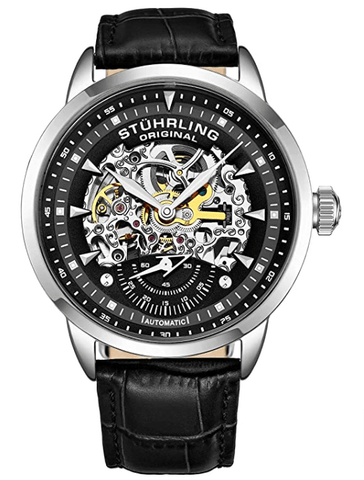 Stuhrling Original Mens Automatic Watch Skeleton Watches for Men - Black Leather Watch Strap Mechanical Watch Silver Executive Watch Collection