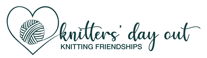 Knitters' Day Out logo of a yarn ball surrounded by a drawn heart and including the words Knitters' Day Out and Knitting Friendships