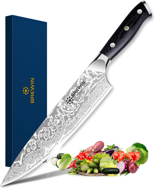  MOSFiATA 8 Super Sharp Professional Chef's Knife with Finger  Guard and Knife Sharpener, German High Carbon Stainless Steel 4116 with  Micarta Handle and Gift Box: Home & Kitchen