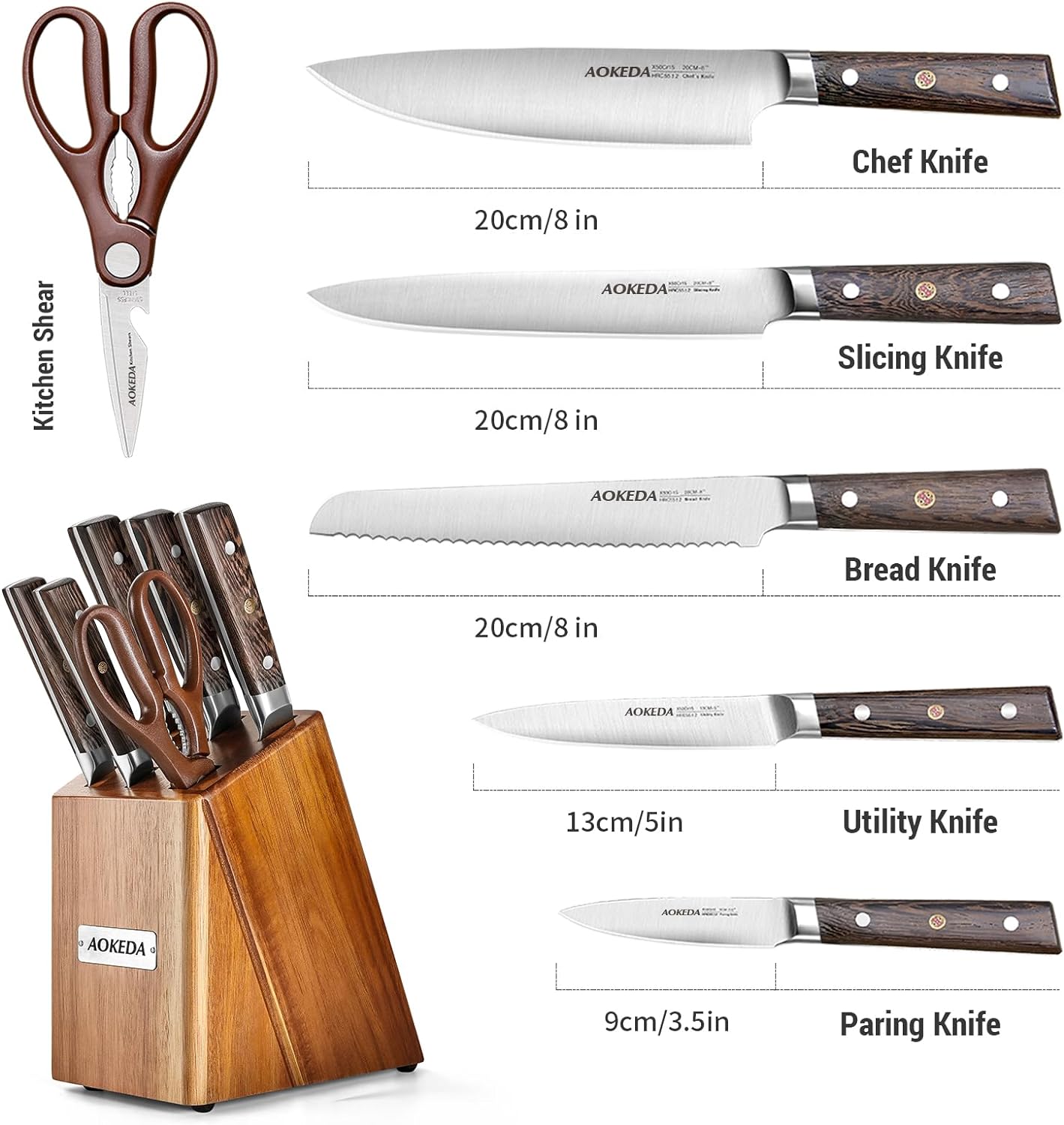 AOKEDA 15-Piece Kitchen Knife Set with Block Stainless Steel Knives include  S