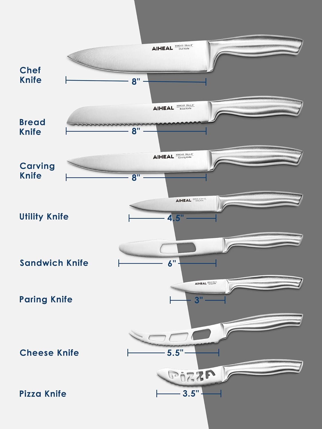 Knives Set with Acrylic Stand, 17Pcs Stainless Steel Knife Block Set  includes Serrated Steak Knives Set, Chef Santoku Knives, Scissor, Sharpener  and