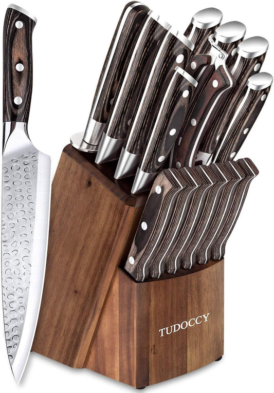 Brewin Knife Set, 15-Piece Kitchen Knife Set with Block, German Stainless Steel Sharp Knives Set for Kitchen with Built-in Sharpener, Ergonomic TPR