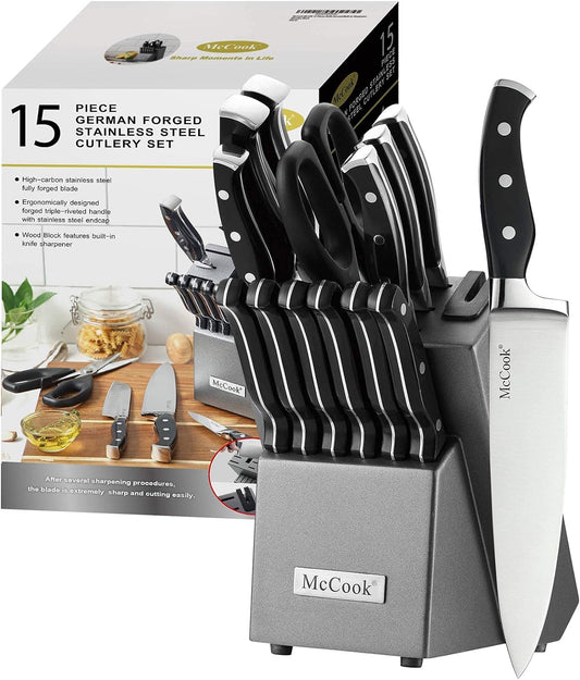 Knife Set with Block, ODERFUN 15 Pcs 1.4116 German Steel Kitchen Knife Set,  Ultra Sharp Knives Set for Kitchen with Knife Sharpener, Ergonomic Handle