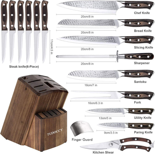 Brewin Knife Set, 15-Piece Kitchen Knife Set with Block, German Stainless  Steel Sharp Knives Set for Kitchen with Built-in Sharpener, Ergonomic TPR