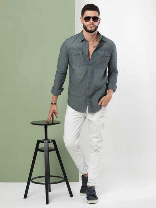 Men's Olive Denim Shirt, White Ripped Skinny Jeans, Olive Canvas Low Top  Sneakers | Lookastic