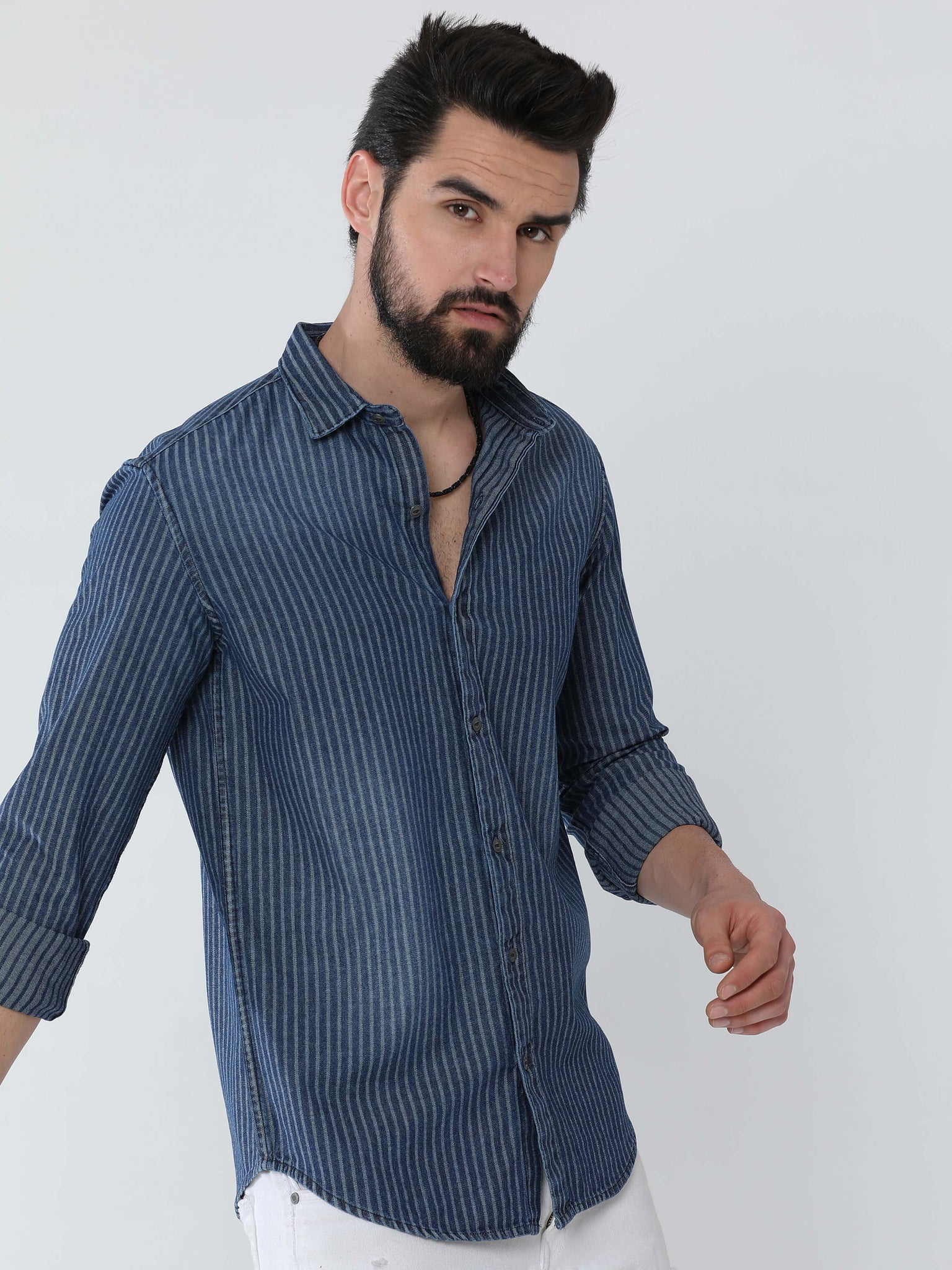 Buy | Blue Denim Stripe Stretch Shirt Abstract Block Blue Shirt ...