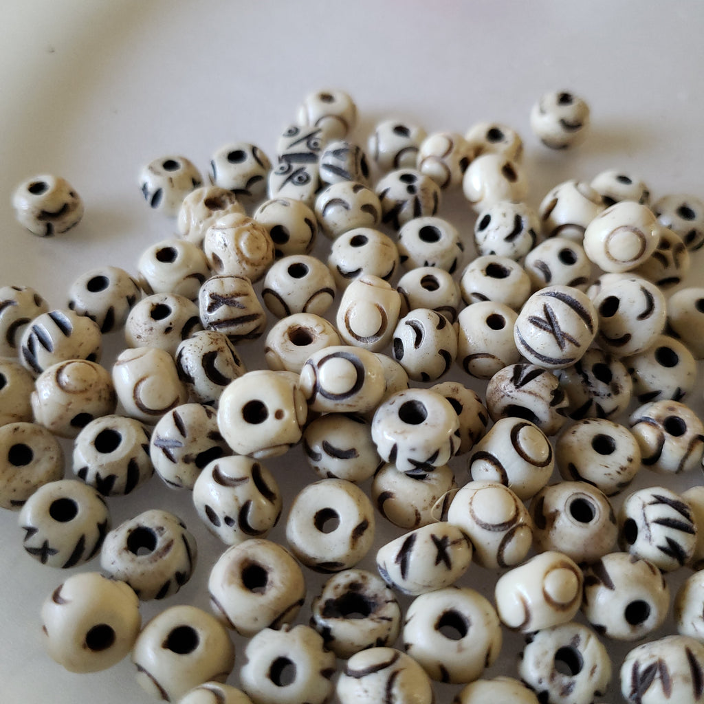 Carved Ox Bone Rondelle Beads | White Slash Carved Bone Beads