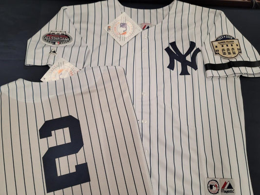 Majestic New York Yankees BRETT GARDNER 2008 Baseball JERSEY White P/S  (Stadium Closing & All Star Patch) (Bobby Murcer Memorial Band)