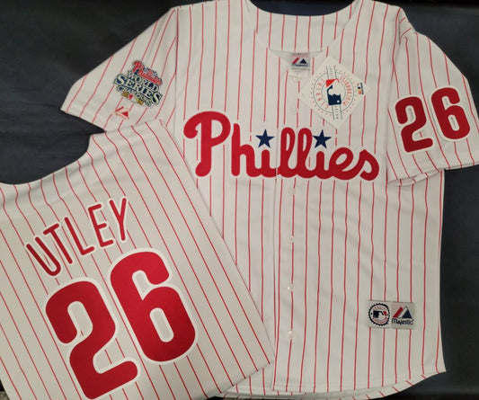 2008 Chase Utley World Series Champs Philadelphia Phillies Majestic MLB  Jersey Size Youth Size Large – Rare VNTG