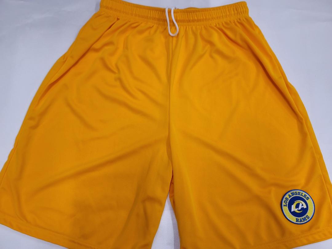 Mens NFL LOS ANGELES RAMS Moisture Wick Dri Fit SHORTS Embroidered Logo GOLD
