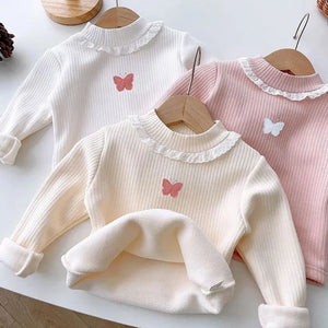 Cozy and Chic Autumn and Winter Girls Plush Lined Long Sleeves T-Shirts Girls Comfortable and versatile Butterfly Print T-Shirts -  Dee's Heavenly Boutique Limited Liability Company 