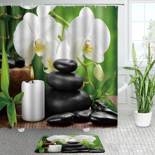 Purple Orchid Green Bamboo Shower Curtains Bath Mats Set Zen Black Stone Spa Natural Landscape Bathroom Decor Non-slip Door Mat