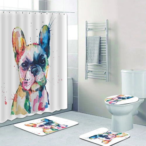 Pink Watercolor French Bulldog Puppy Bath Curtains Shower Curtain for Kids Bathroom Cartoon Sweet Dessert Frenchie Dog Mats Rug