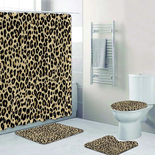 Girly Pink Ribbon Leopard Print Shower Curtain and Bath Rugs Set Modern Cheetah Leopard Bath Curtains for Bathroom Home Decor