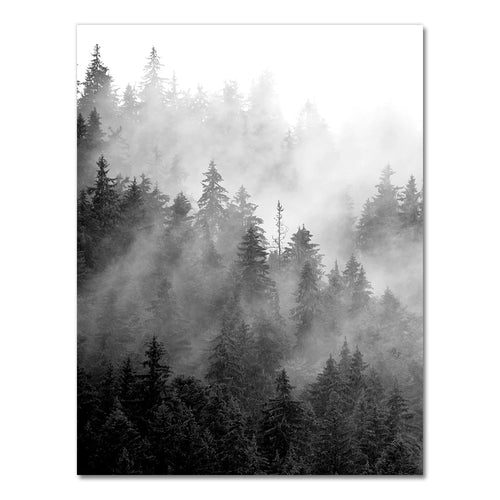 Nature Prints Forest Wall Art Black and White Tree Posters Foggy Forest Landscape Canvas Painting Wall Picture Living Room Decor