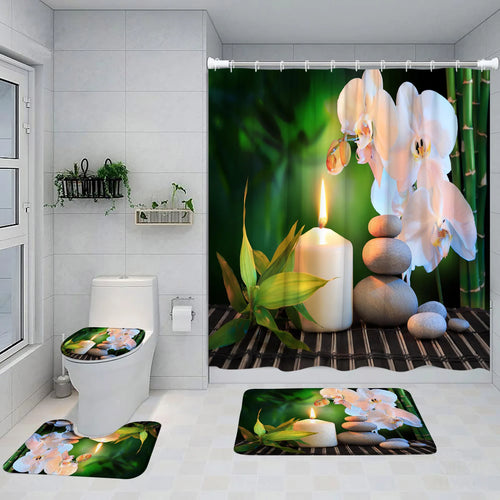 Zen Shower Curtain Set Purple Orchid Black Stone Green Bamboo Garden Scenery Bathroom Decor Non-Slip Rug Bath Mats Toilet Cover