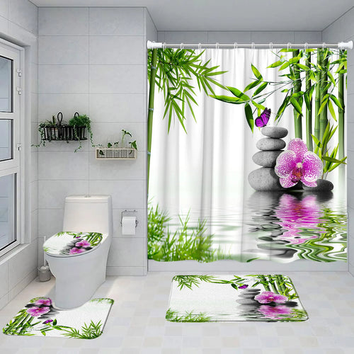 Green Bamboo Zen Shower Curtain Set Purple Orchid Butterfly Grey Stone Spa Nature Landscape Bathroom Decor Bath Mat Toilet Cover