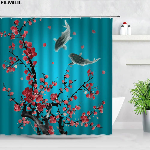 Koi Flowers Shower Curtains Carp Crane Pink Floral Birds Asian Chinese Style Bath Curtain Polyester Fabric Bathroom Decor Hooks