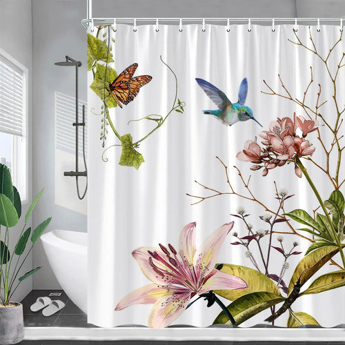 Tropical Plant Shower Curtains Palm Leaf Pink Flowers Hummingbirds Green Leaves Bath Curtain Fabric Bathroom Decor with Hooks