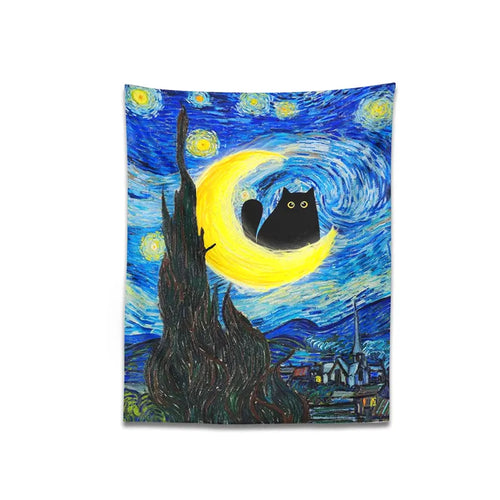 Van Gogh The Starry Night Cat Tapestry Moon Cat Art Funny Cat Print Throw Blanket Bohemian Gift Home Decor Wall Hanging