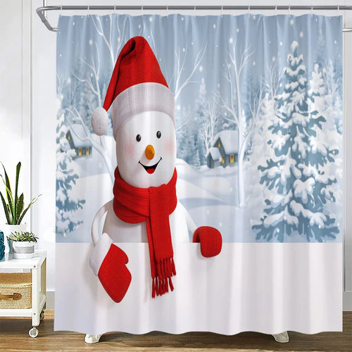 Christmas Shower Curtains Funny Snowman Fir Branch Gift Xmas Ball New Year Holiday Fabric Home Bathroom Decor Bath Curtain Sets