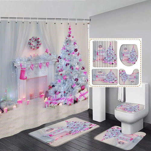 Christmas Shower Curtains Sets Snowman Red Bird Cedar Winter Scenery Xmas Bathroom Decor Non-slip Rugs Bath Mat Toilet Lid Cover