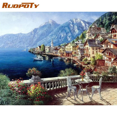 RUOPOTY Frame Austria Town Landscape DIY Painting By Numbers Modern Wall Art Canvas Painting Home Decoration For Unique Gift