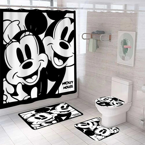 Disney Mickey Mouse 4pcs Shower Curtain Waterproof Bath Curtain Carpet Toilet Mat Cartoon Anime Bathroom Decor Bath Cover Hook