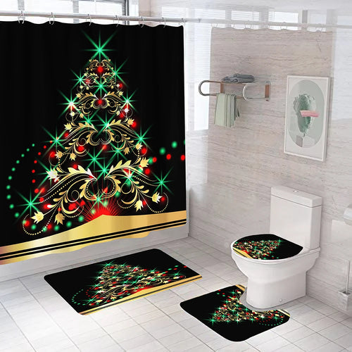 Christmas Tree Bathroom Set Shower Curtain Set Waterproof Santa Claus Anti-skid Rugs Toilet Cover Bath Curtains Set with Hooks