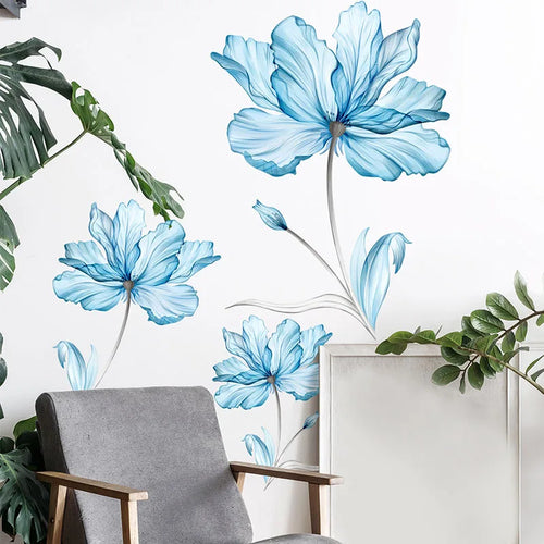 Light Blue Flowers Wall Decals Floral Wall Stickers Removable DIY Murals Bedroom Living Room TV Background Home Decoration