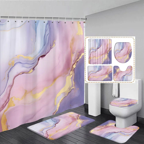 Abstract Pink Marble Shower Curtain Set Purple Gold Textured Geometric Pattern Modern Home Bathroom Decor Bath Mats Toilet Cover