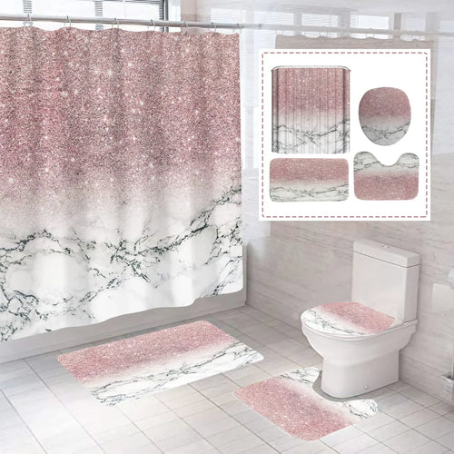 Flash Pink Marble Shower Curtains Shiny Decor for Bathroom Polyester Fabric Decorative Bath Screen Toilet Cover Carpet WC Sets