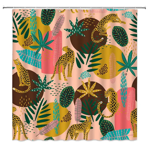 Boho Cheetah Shower Curtain,Tropical Leopard Wildlife Bath Curtain,Modern Pink Aesthetic Moon Phase Blue Floral Bathroom Curtain