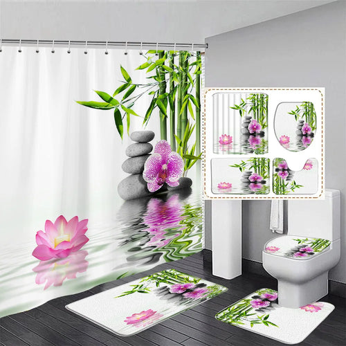 Zen Green Bamboo Shower Curtain Set Pink Lotus Orchid Grey Stone Spa Scenery Bathroom Decor Non-Slip Rug Bath Mats Toilet Cover