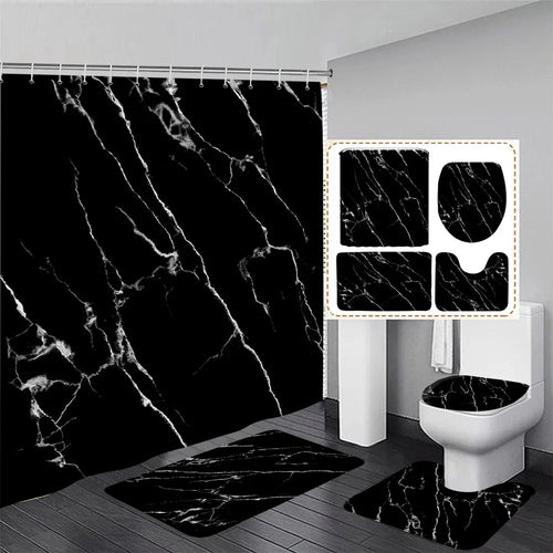 Black White Marble Shower Curtain Set Abstract Art Textured Pattern Modern Bathroom Decor Non-slip Rug Bath Mat Toilet Lid Cover