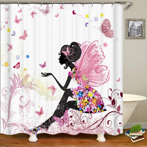 Pink Flower Butterfly Girls Shower Curtains Bathroom Curtain Fabric Waterprood Polyester For Bath Decor Bath Curtain With Hooks