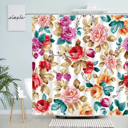 Floral Shower Curtains Pink Red Flowers Leaves Creative Design Printed Fabric Bath Curtain Modern Bathroom Decor Sets with Hooks