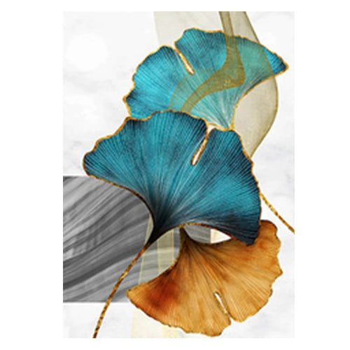 Blue Green Yellow Gold Leaf Plant Flower Canvas Poster Abstract Painting Wall Art Print Living Room Decoration
