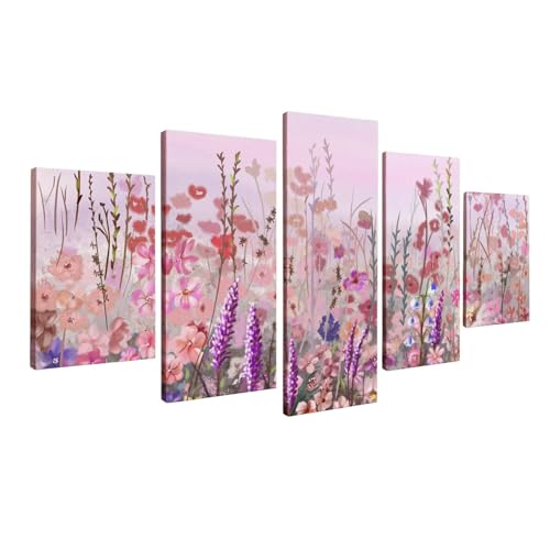 Whatarter Wildflower Wall Art Pink Colorful Romantic Flower Purple Pictures Wall Decor Canvas for Girls Bed Room Framed Art Prints Canvas Spring Paintings (Overall Size: 60''W x 32''H)