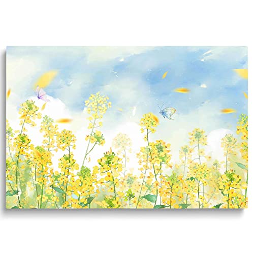 Whatarter Blue Sky Wall Decor Yellow Rape Blossoms Floral Canvas Art Green Leaf Pictures Paintings Flowers Modern Artwork Home Office Decorations Prints for Bedroom Kitchen Living Room 24 x 16 inch