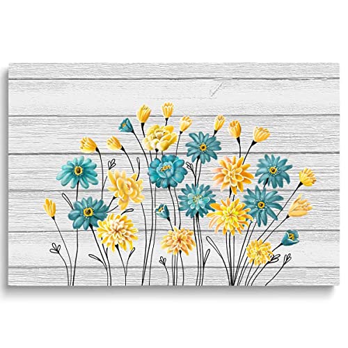 Whatarter Blue Yellow Flowers Wall Art Home Decor Canvas Painting Kitchen Prints Pictures for Home Living Dining Room Bedroom Framed to Hang Grey Background Modern Artwork Decorations 24 x 16 inch