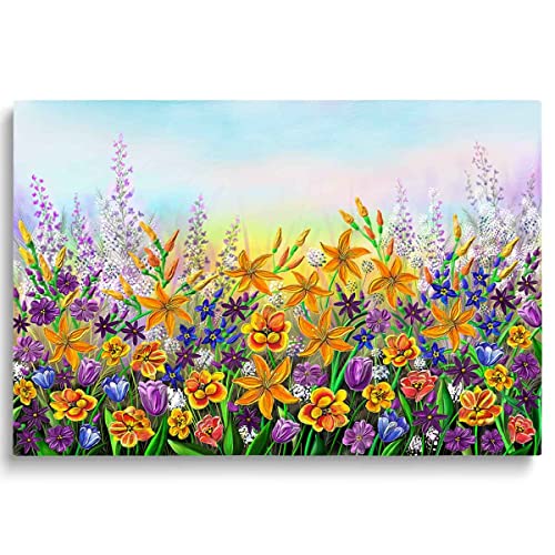 Whatarter Purple Large Tree Framed Yellow Floral Spring Picture Colorful Flowers Artwork Wildflower Canvas Painting Wall Art Pics for Living Room Bedroom Office Green Tree Wall Art Home Decor- 24"x16"