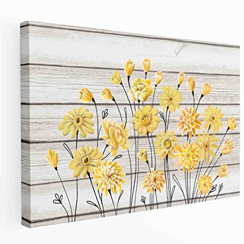 Whatarter Yellow Floral Canvas - Wall Art Painting for Bedroom Kitchen Living Room Decoration - Yellow Flower Picture Grey Background Modern Home Office Artwork Decor Ready Framed to Hang 24 x 16inch