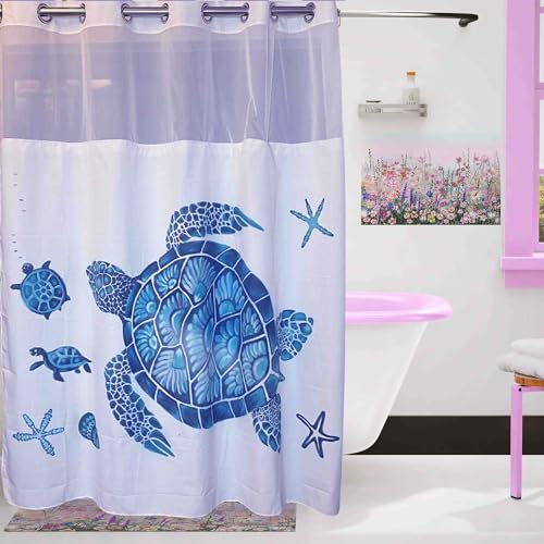 Whatarter Teal Turtle Blue Shower Curtain No Hook with Snap-in Liner Top Window Hotel Luxury Fabric Cloth Decor Bathroom Double Layers Mesh Curtains Sets Decorative 71 x 74 inches