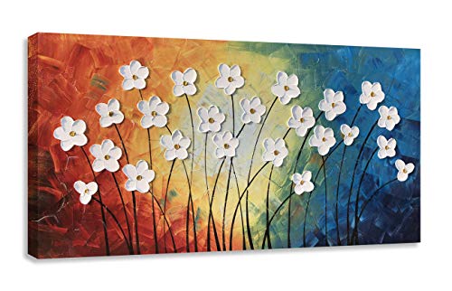 Colorful Floral Wall Art Large Hand Painted White Flower Oil Paintings with 3d on Canvas for Living Room Bedroom Decor Abstract Botanical Pictures Artwork for Walls