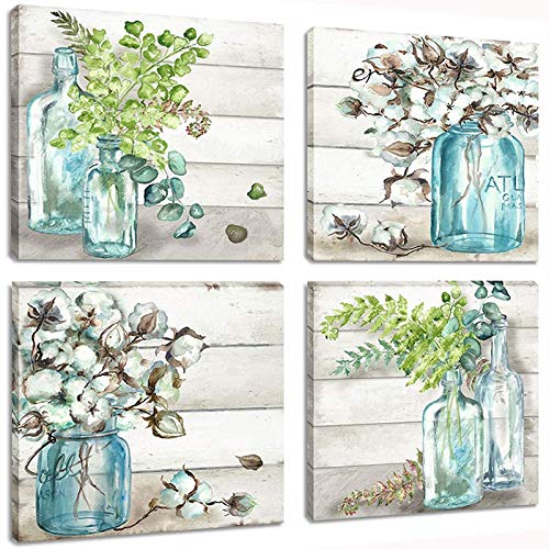 Flower Painting Wall Art Watercolor MasonJar Floral Picture Artwork 4 Panel Modern Oil Painting Print on Canvas for Bedroom Living Ready to Hang