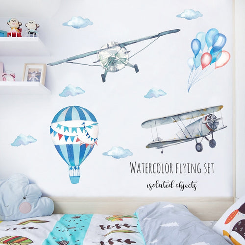 Cartoon Hand Painted Aircraft Kids room Bedroom Wall Sticker Hot air balloon Wall Decal Removable Vinyl Mural Art Wall Poster