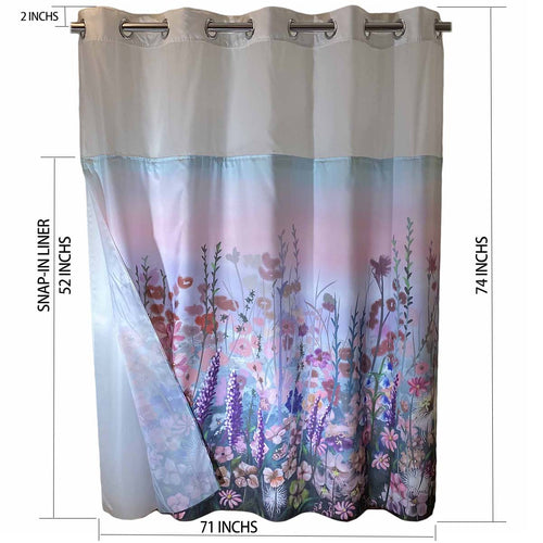 Whatarter Pink Floral Purple Shower Curtain No Hook with Snap-in Liner Double Layers Mesh Top Window Hotel Luxury Colorful Flower Fabric Cloth Decor Bathroom Curtains Sets Decorative 71 x 74 inches